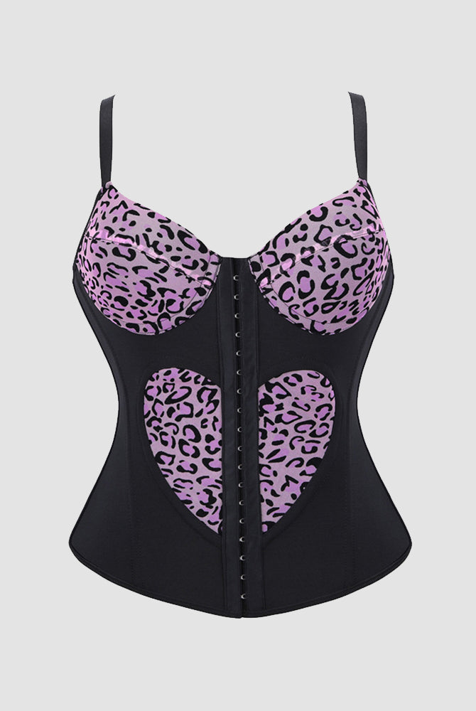 Black and purple leopard print heart cutout corset top with spaghetti straps