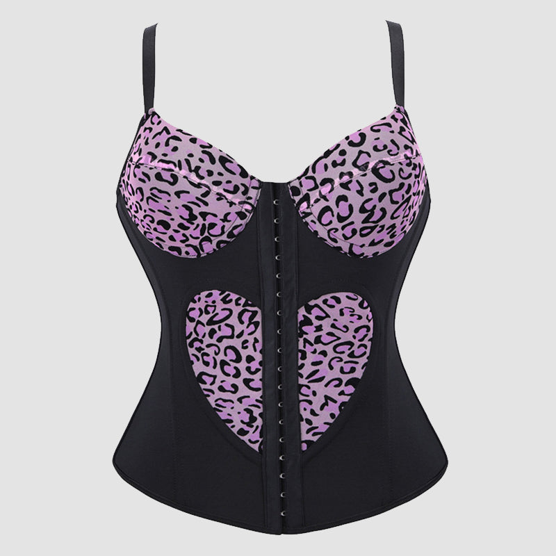Black and purple leopard print heart cutout corset top with spaghetti straps