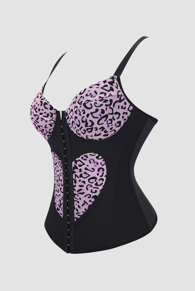 Leopard print heart cutout corset bustier with black base and spaghetti straps