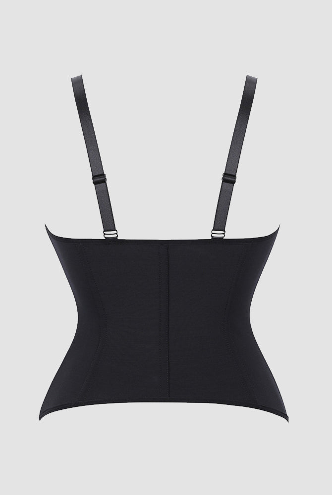 Black corset top with vertical seam and two adjustable spaghetti straps