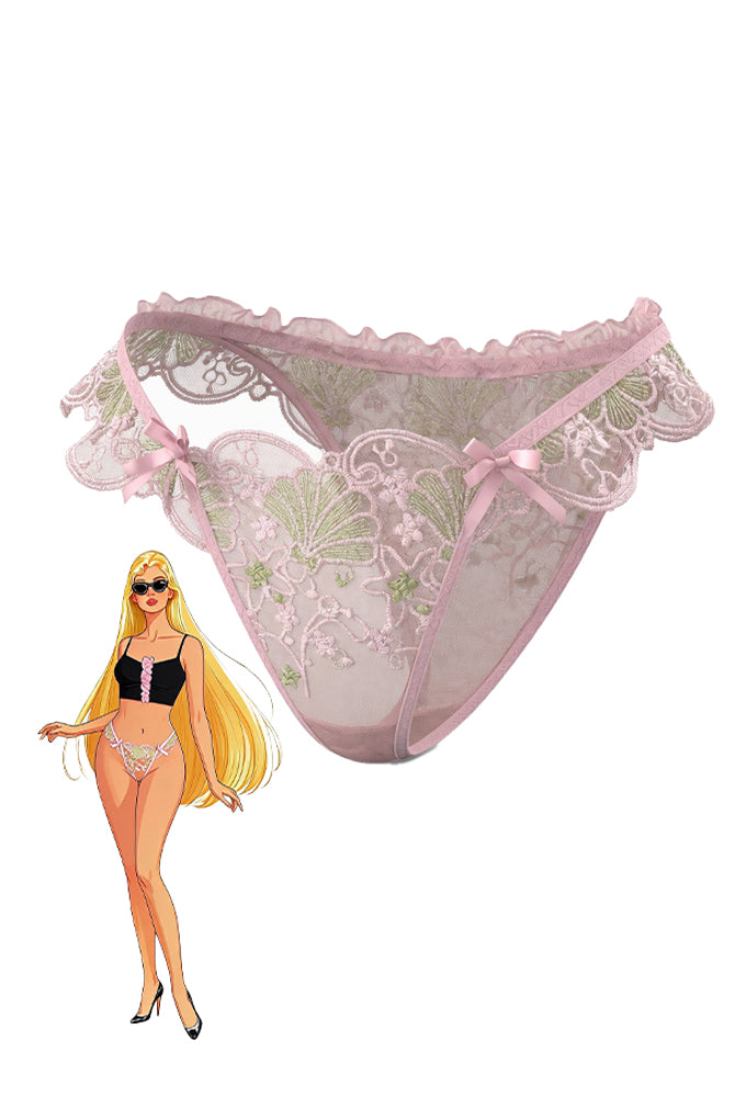 Pink floral lace ruffle cheeky panties with bow accents