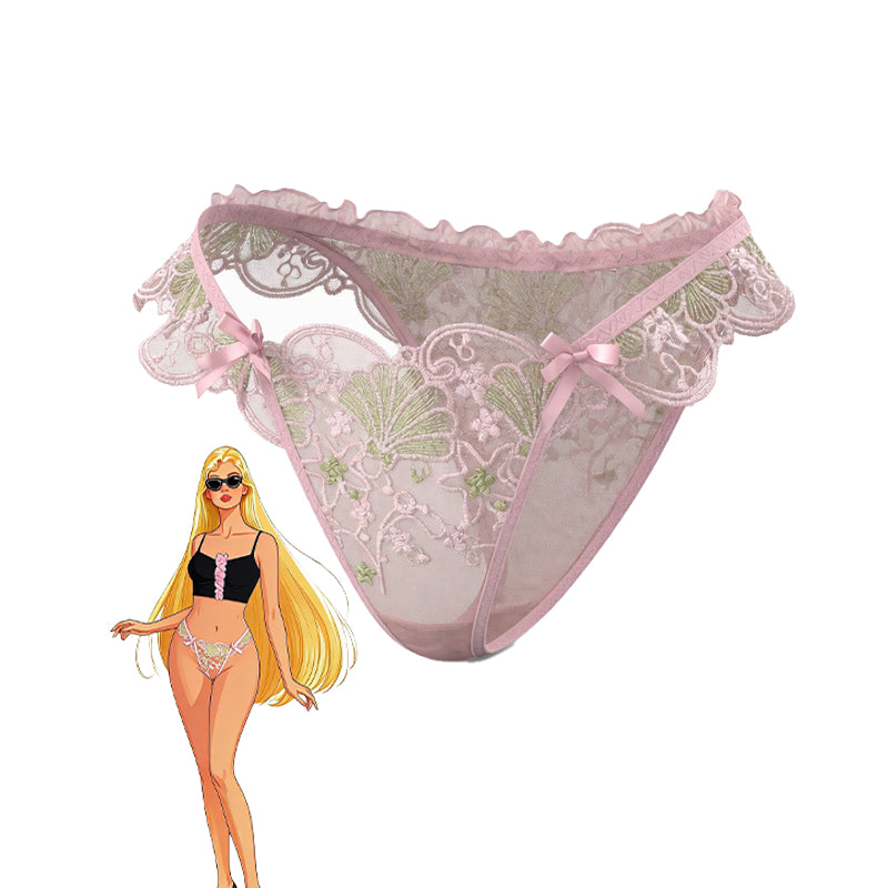 Pink floral lace ruffle cheeky panties with bow accents