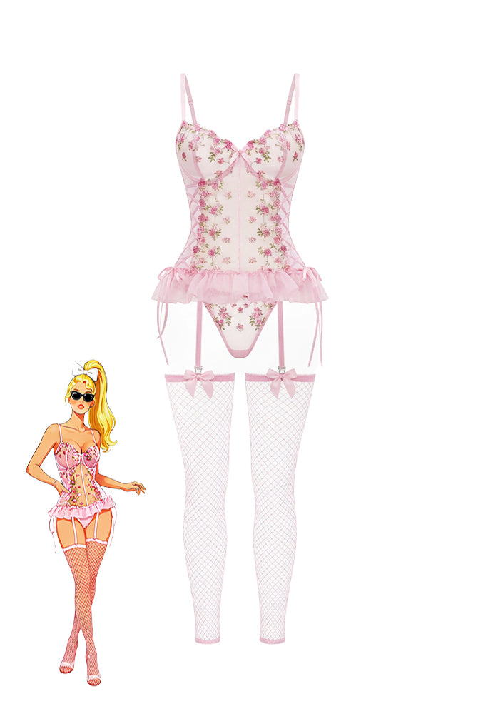 Pink floral lace corset top with tulle hem, garter straps, and fishnet stockings