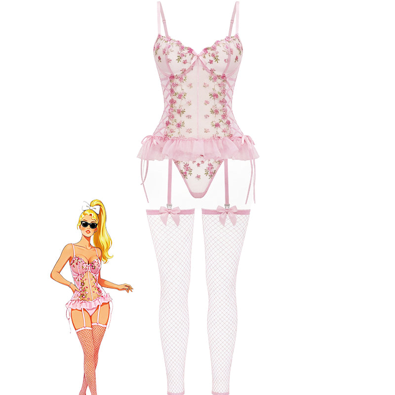 Pink floral lace corset top with tulle hem, garter straps, and fishnet stockings