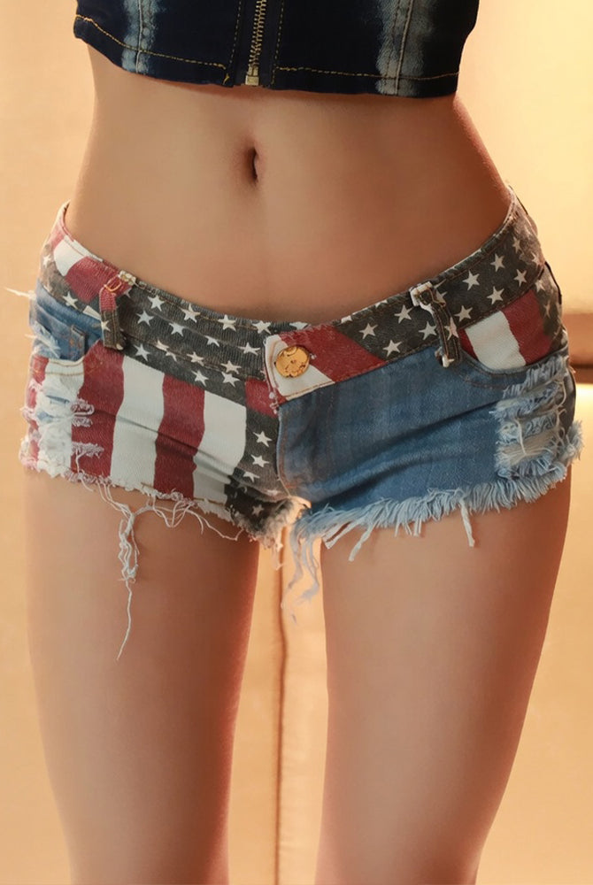 High-waisted distressed denim shorts with American flag print, frayed hem
