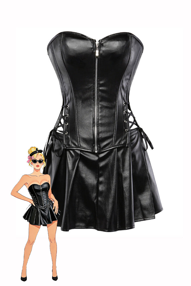 Black faux leather strapless corset top with front zipper and flared pleated mini skirt