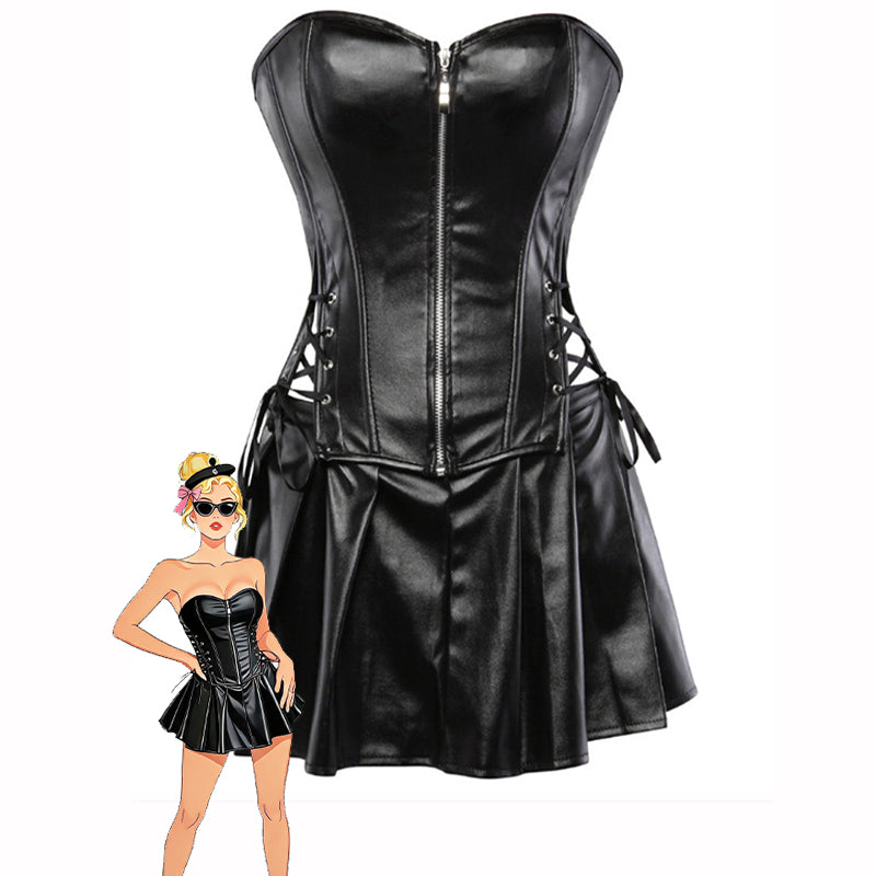 Black faux leather strapless corset top with front zipper and flared pleated mini skirt