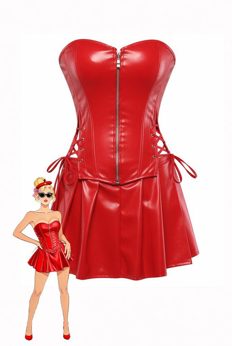 Red faux leather strapless corset top with front zipper and flared pleated mini skirt