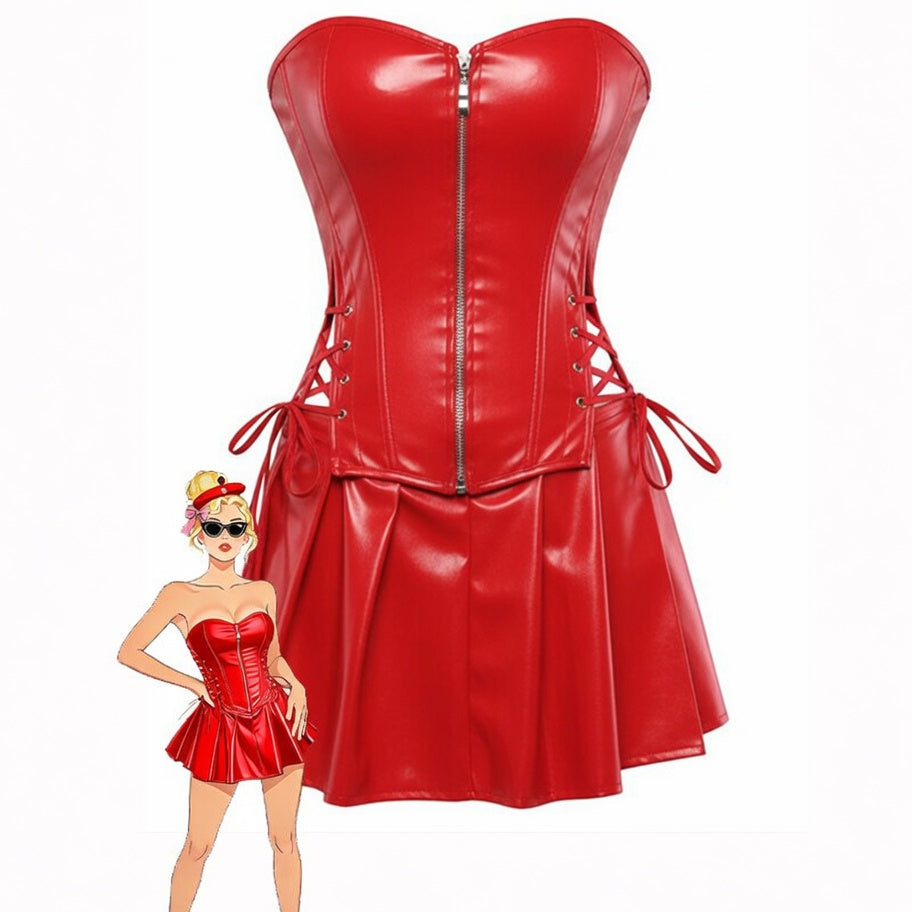 Red faux leather strapless corset top with front zipper and flared pleated mini skirt