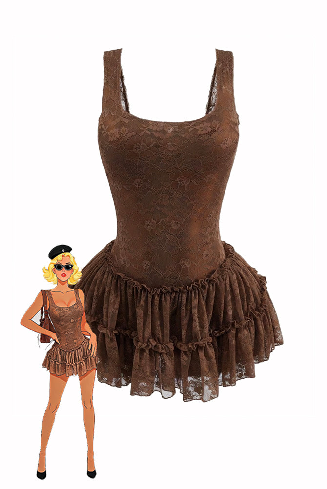 Brown lace bodysuit with wide scoop neck and layered ruffled tutu hem