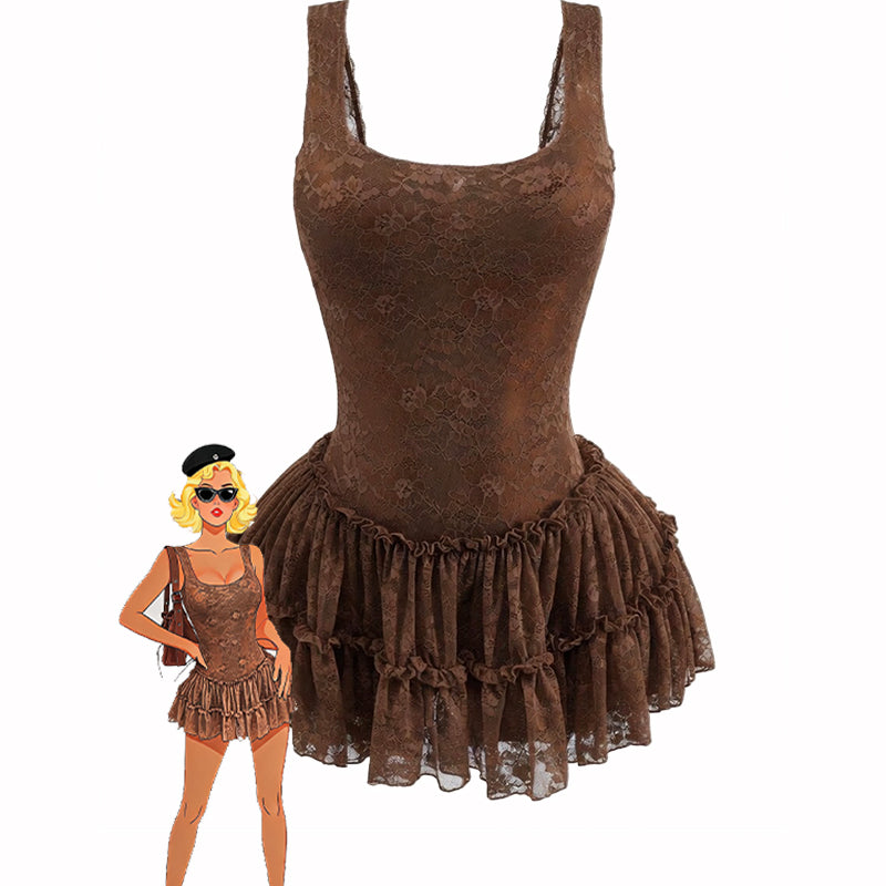 Brown lace bodysuit with wide scoop neck and layered ruffled tutu hem