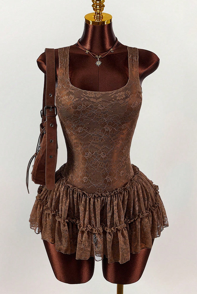 Brown lace sleeveless bodysuit with ruffled tutu skirt hem
