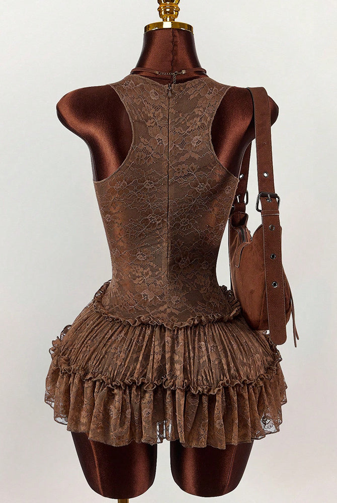 Brown lace bodysuit back view with tiered ruffled tutu mini skirt