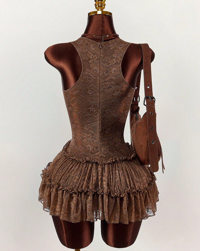 Brown lace bodysuit back view with tiered ruffled tutu mini skirt