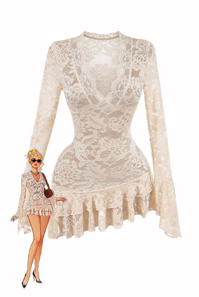 Cream floral lace long-sleeve mini dress with scalloped neckline and ruffled hem