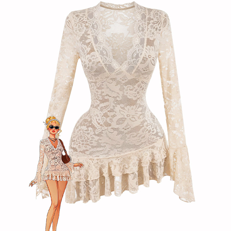 Cream floral lace long-sleeve mini dress with scalloped neckline and ruffled hem