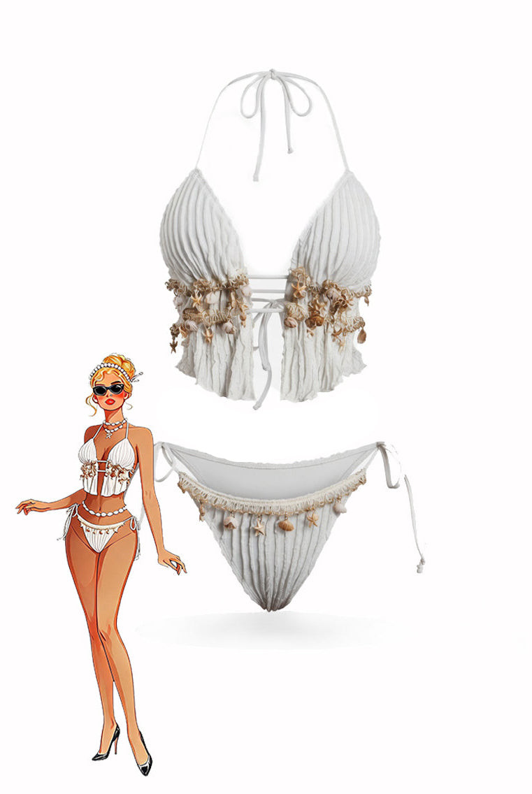 White pleated halter bikini set with starfish shell trims and tie bottoms