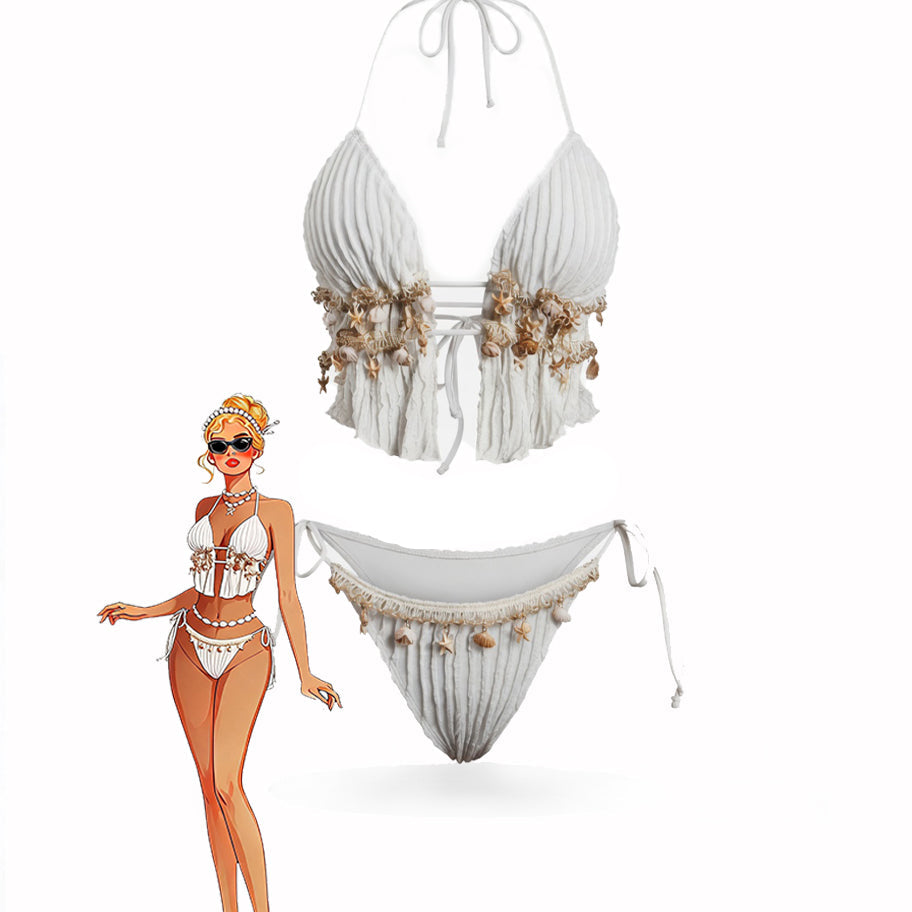 White pleated halter bikini set with starfish shell trims and tie bottoms