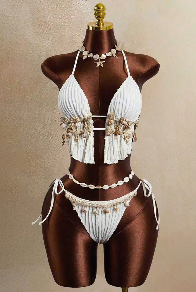 White pleated halter triangle top and ruched tie-side bikini bottoms, shell trim