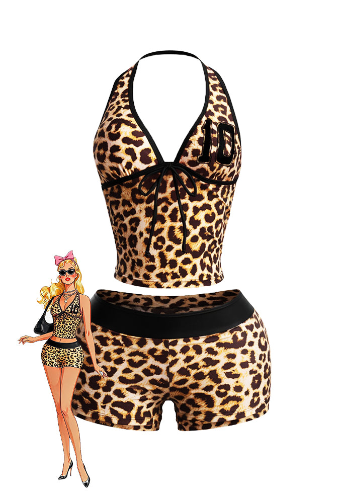 Leopard print halter crop top and high-waisted shorts set with black trim