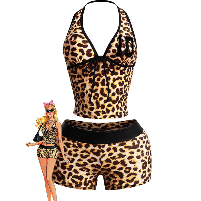 Leopard print halter crop top and high-waisted shorts set with black trim