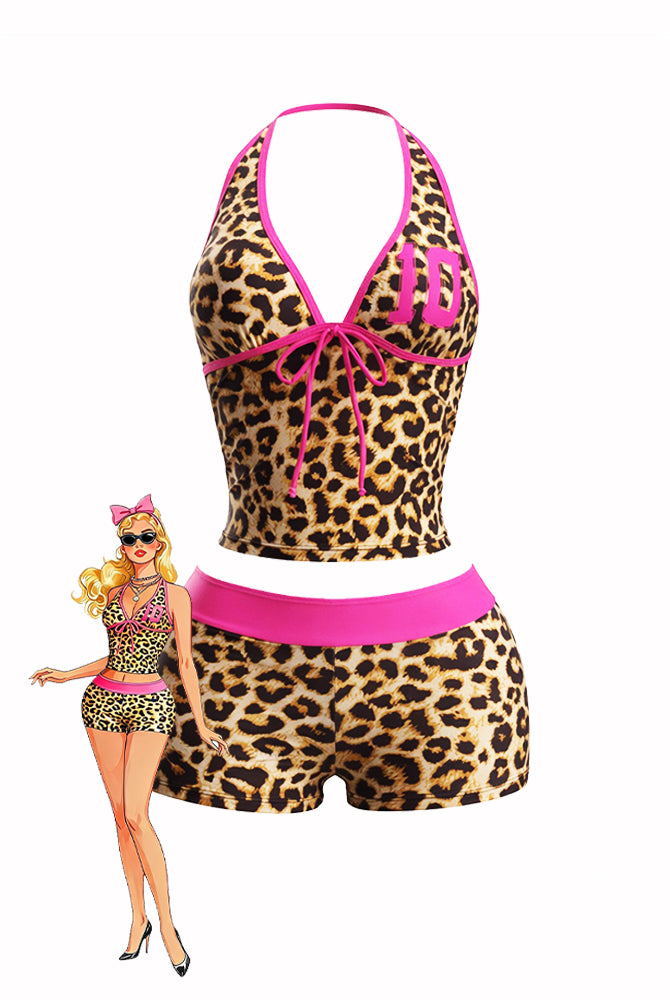 Leopard print halter crop top and high-waisted shorts set with pink trim waistband