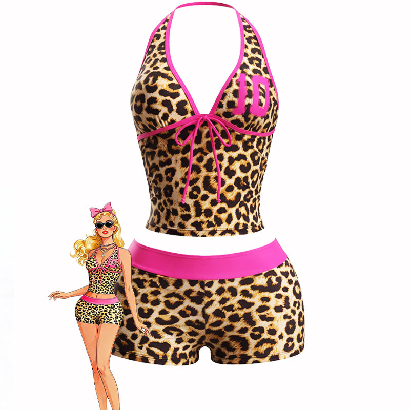 Leopard print halter crop top and high-waisted shorts set with pink trim waistband