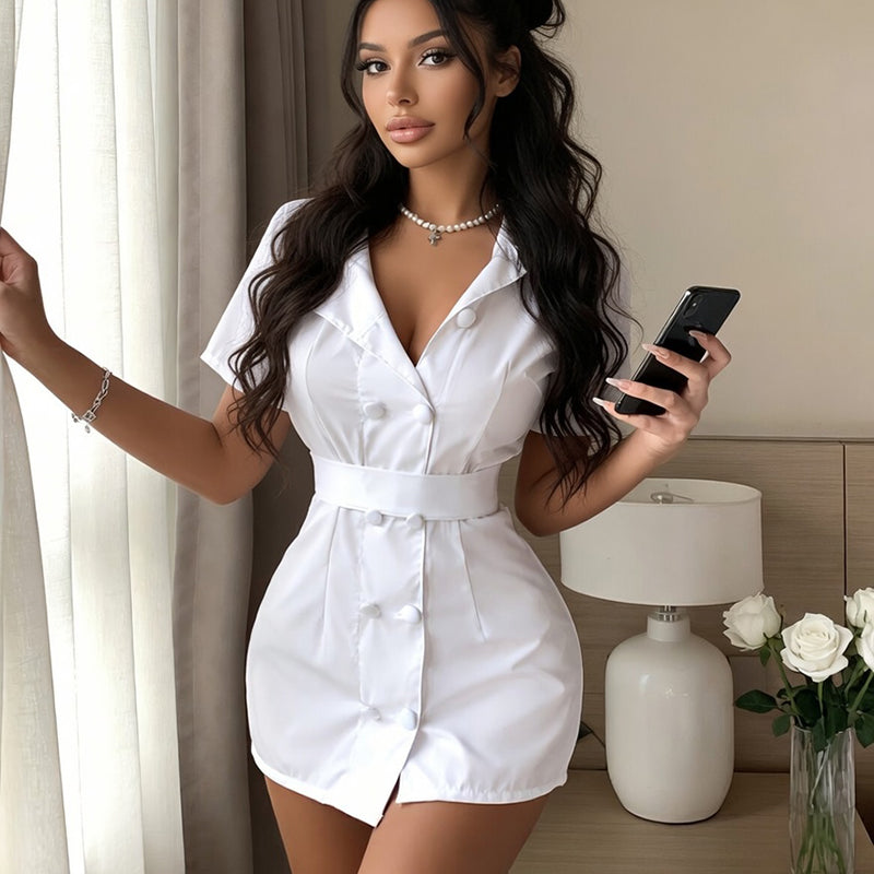 White nurse costume dress with matching cap and waist belt, plus white thigh-high stockings