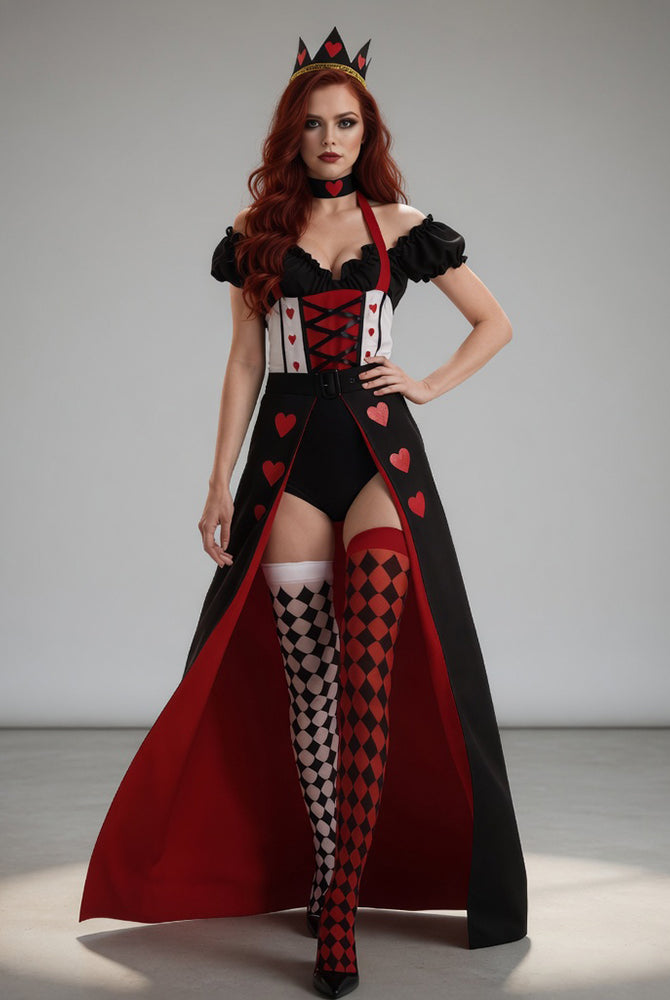 Queen-style corset bodysuit costume with crown, heart print, black cape and checker stockings
