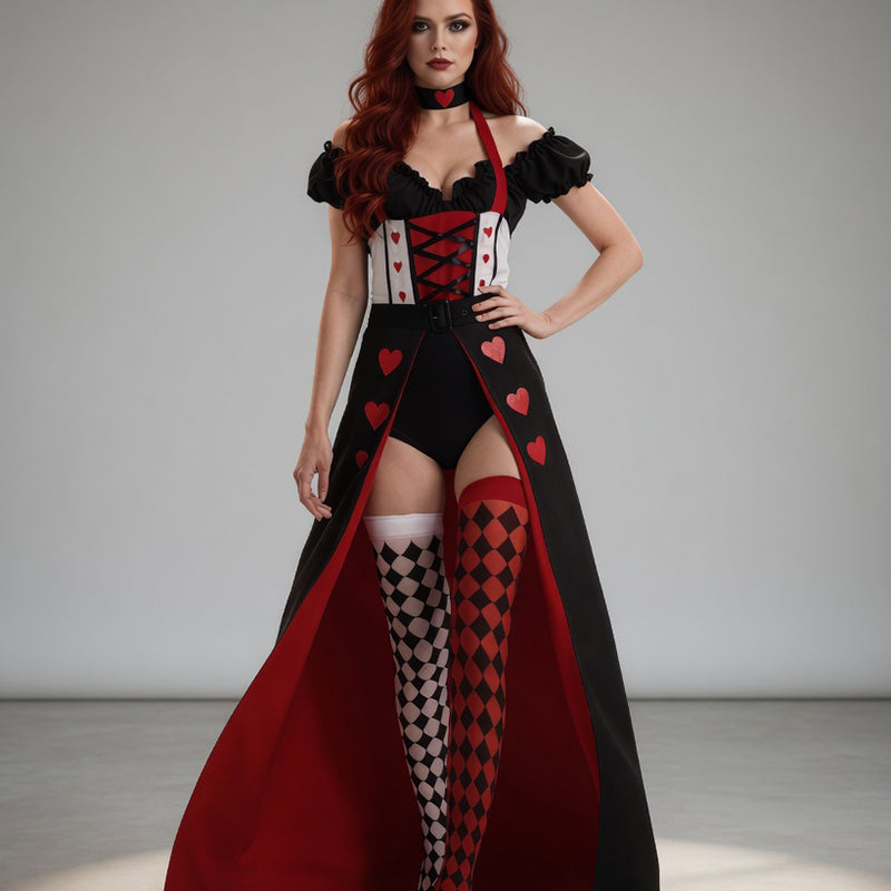 Queen-style corset bodysuit costume with crown, heart print, black cape and checker stockings