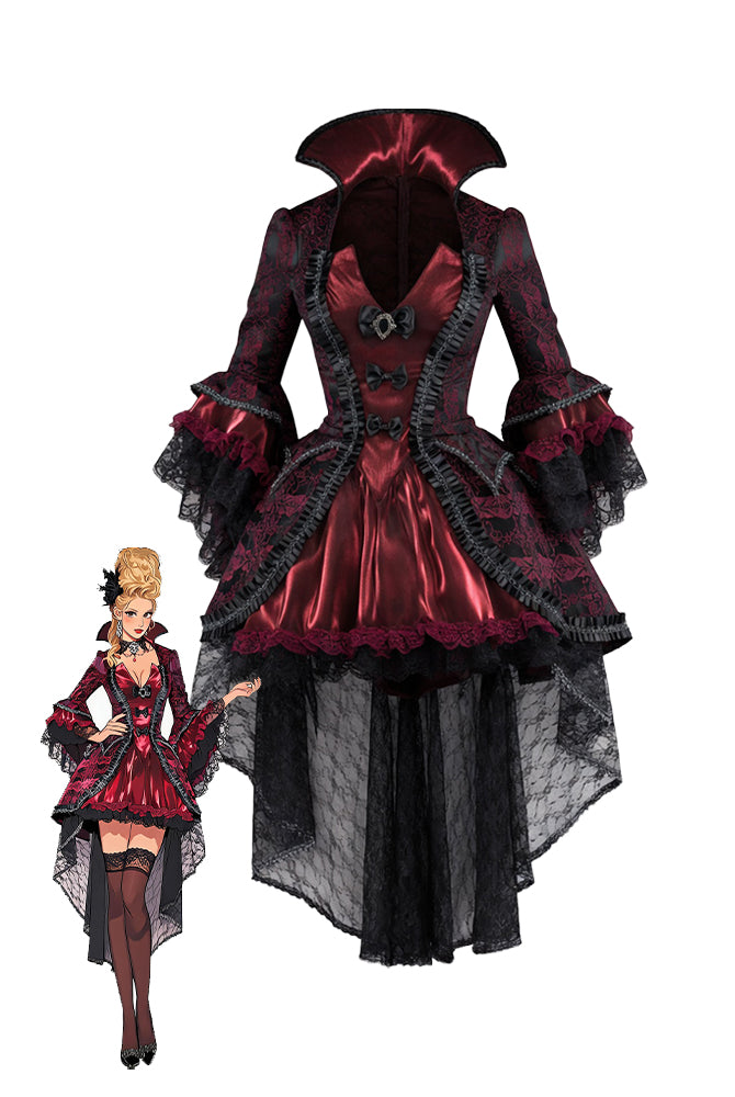 Back view dark red corset dress with stand collar, lace sleeves, layered skirt