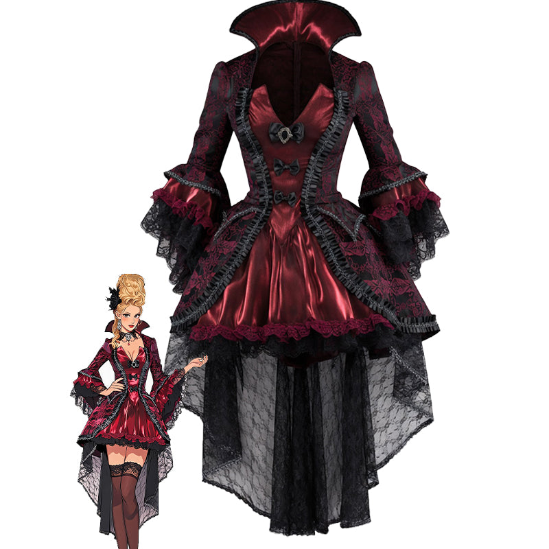 Back view dark red corset dress with stand collar, lace sleeves, layered skirt