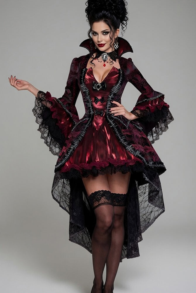 Dark red gothic vampire corset dress with stand collar, lace cuffs, flared mini skirt