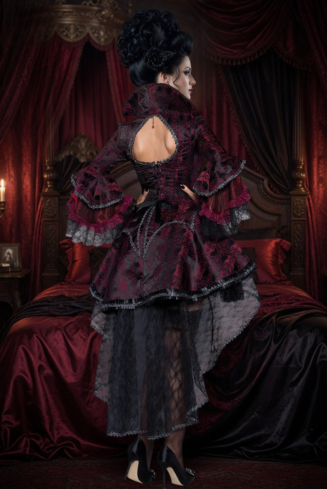 Dark red gothic corset dress with open back, lace ruffles, layered tulle skirt