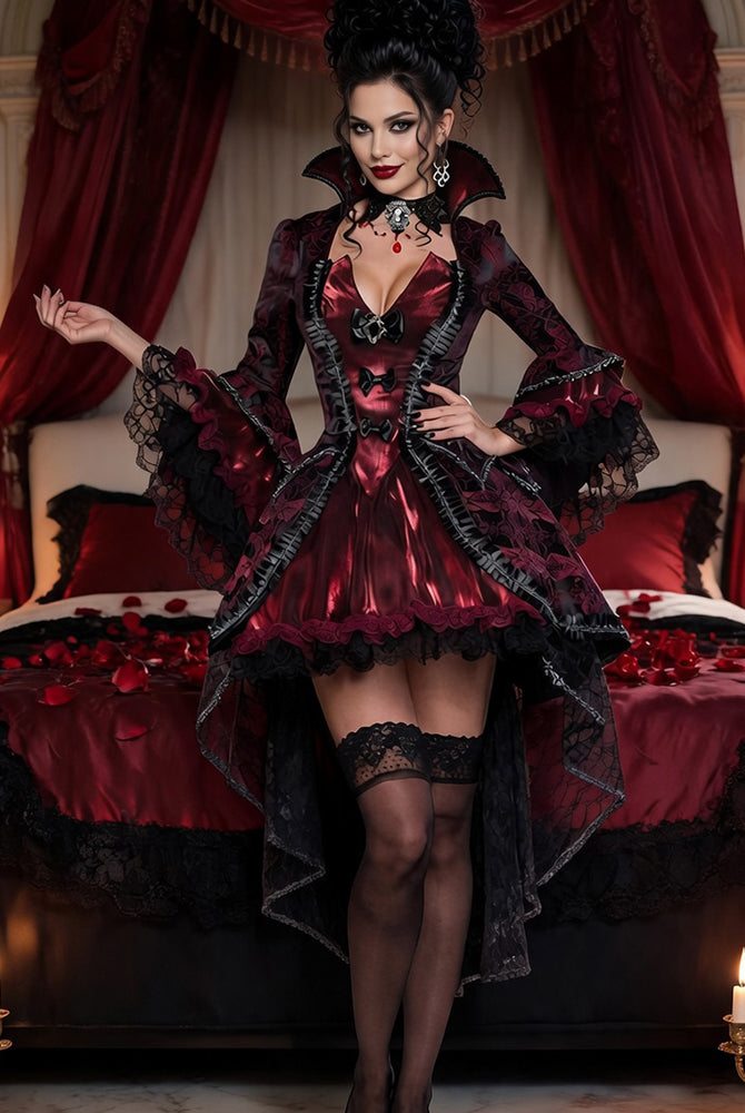 Front dark red gothic corset dress with stand collar, sheer lace panels, layered hem