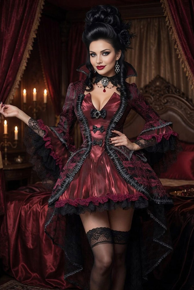 Dark red gothic corset dress with stand collar, velvet bodice, lace-trimmed sleeves