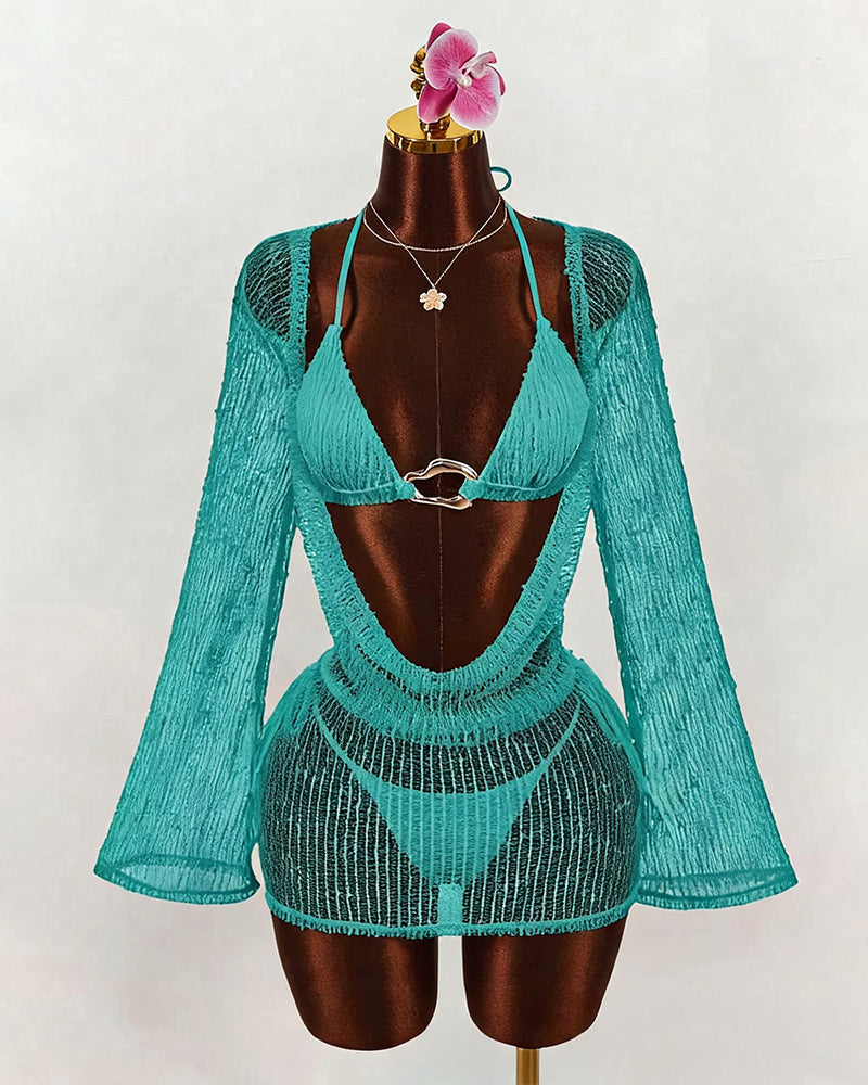 Lake green sheer crochet bikini set with long-sleeve cover-up on a mannequin