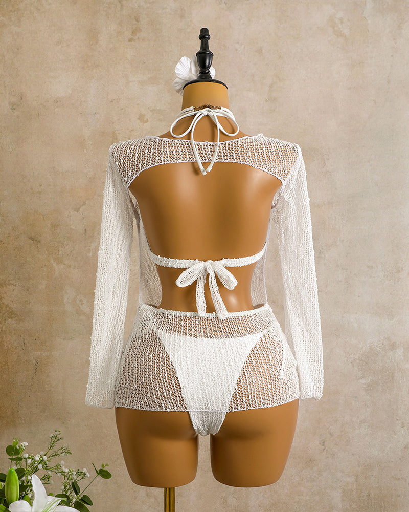 White sheer crochet bikini set with long-sleeve cover-up, back view