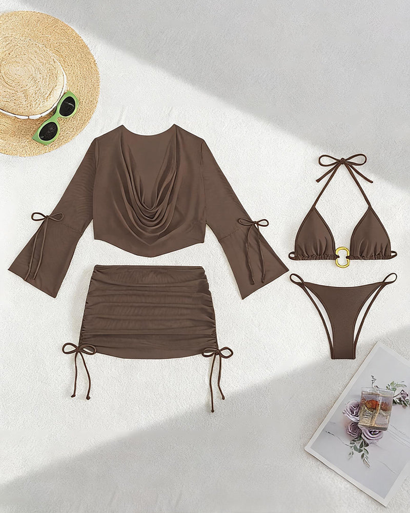 Coffee-brown bikini set flat lay: cover-up top, ruched mini skirt, triangle bikini