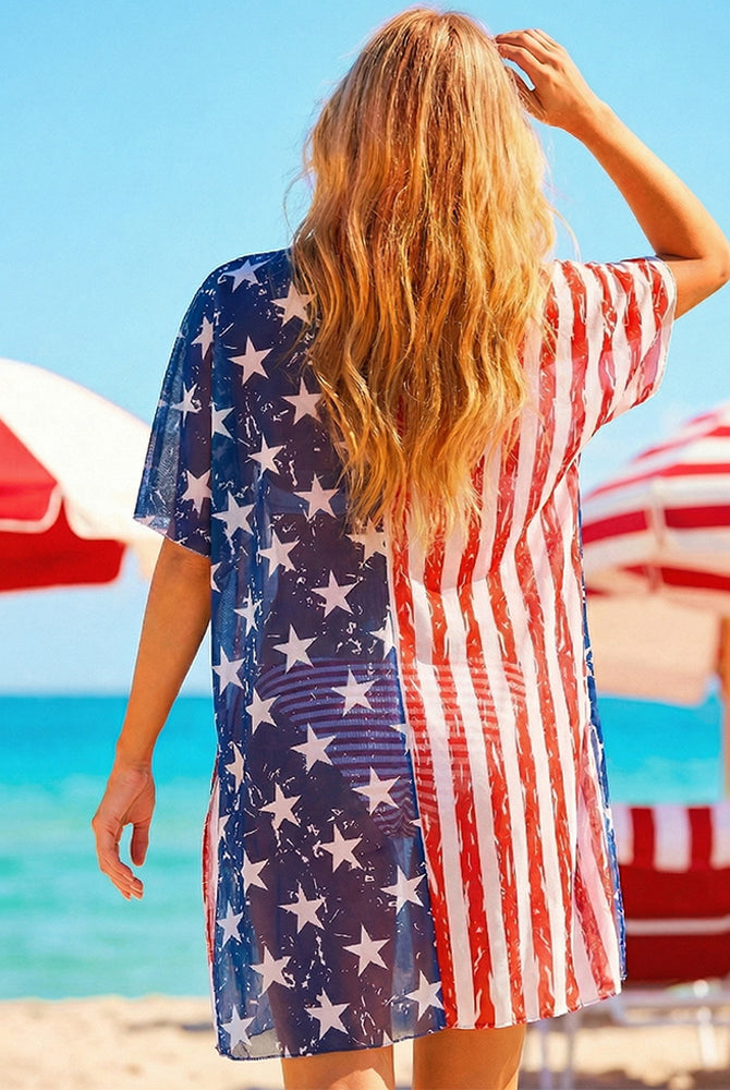American flag sheer cover-up over bikini set, stars and stripes back view