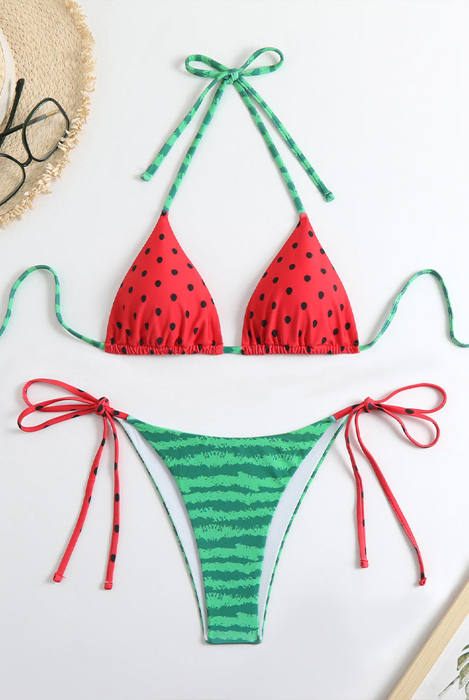 Triangle bikini top and side-tie bottoms set, red polka dots with green striped fabric