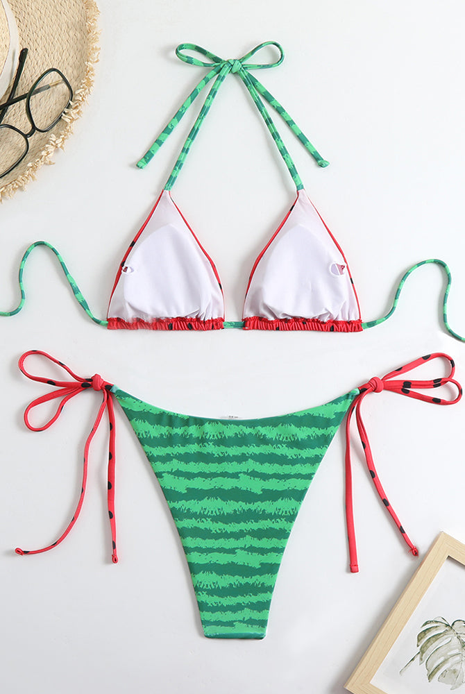 Triangle bikini top and side-tie bottoms set, white cups with green striped bottoms and red ties