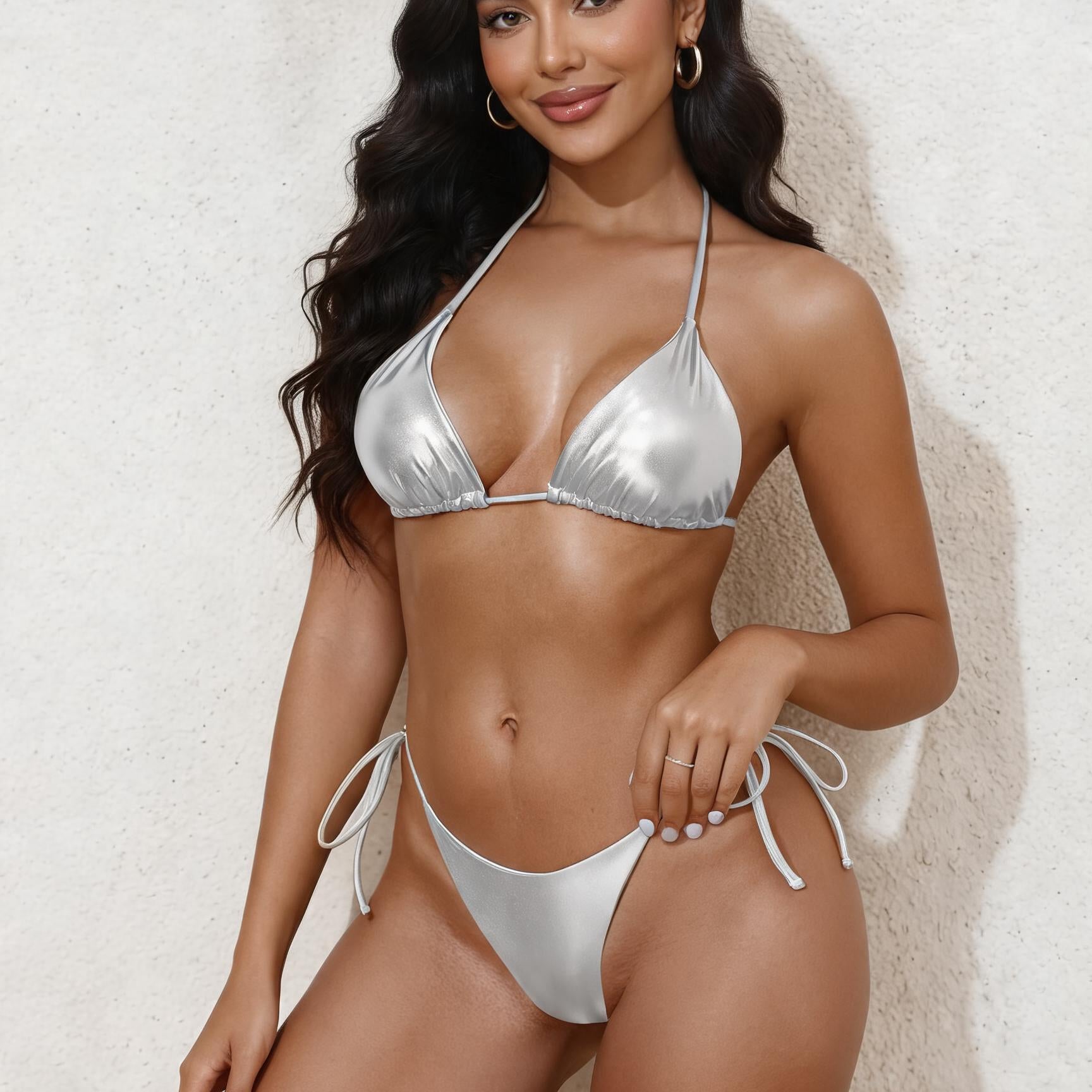 Shiny metallic silver triangle halter bikini top and side-tie panty set