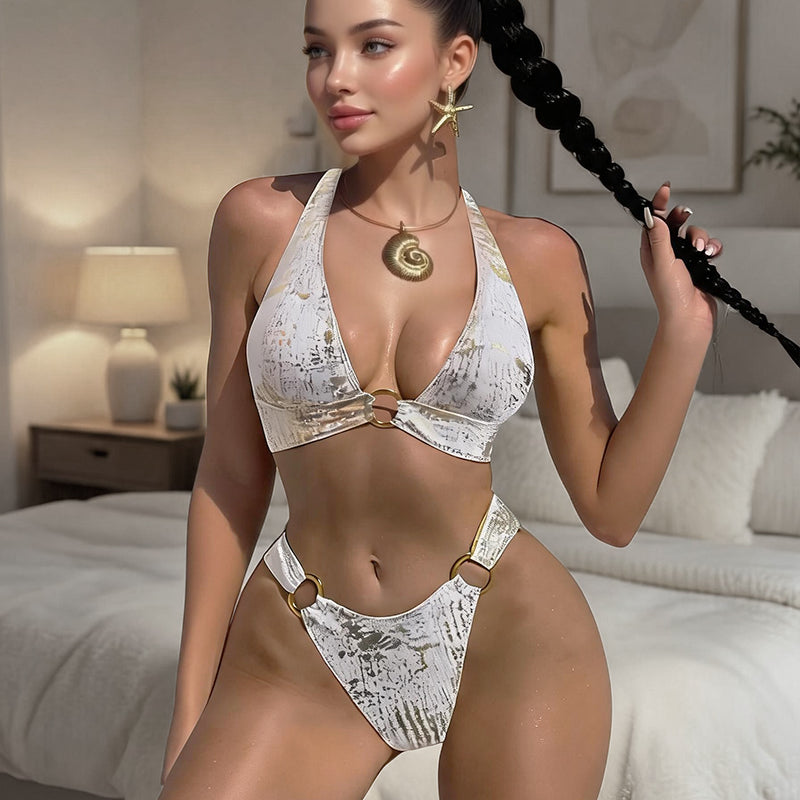 Metallic gold foil bikini set with removable pads, white triangle bra and matching high-cut bottoms