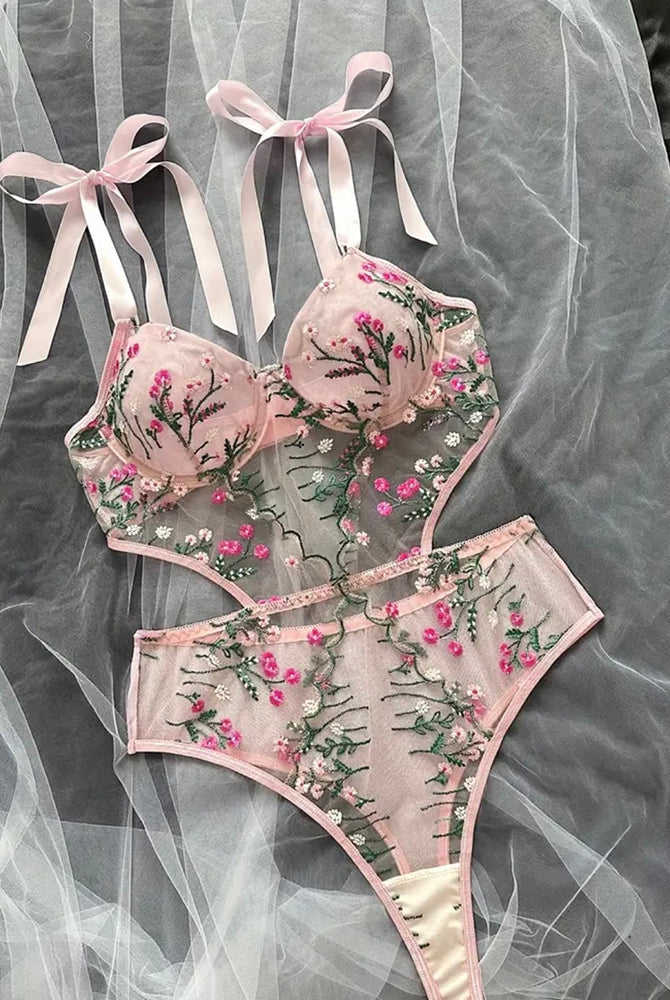 Pink floral embroidered sheer bodysuit with bow shoulder ties and plunge cups