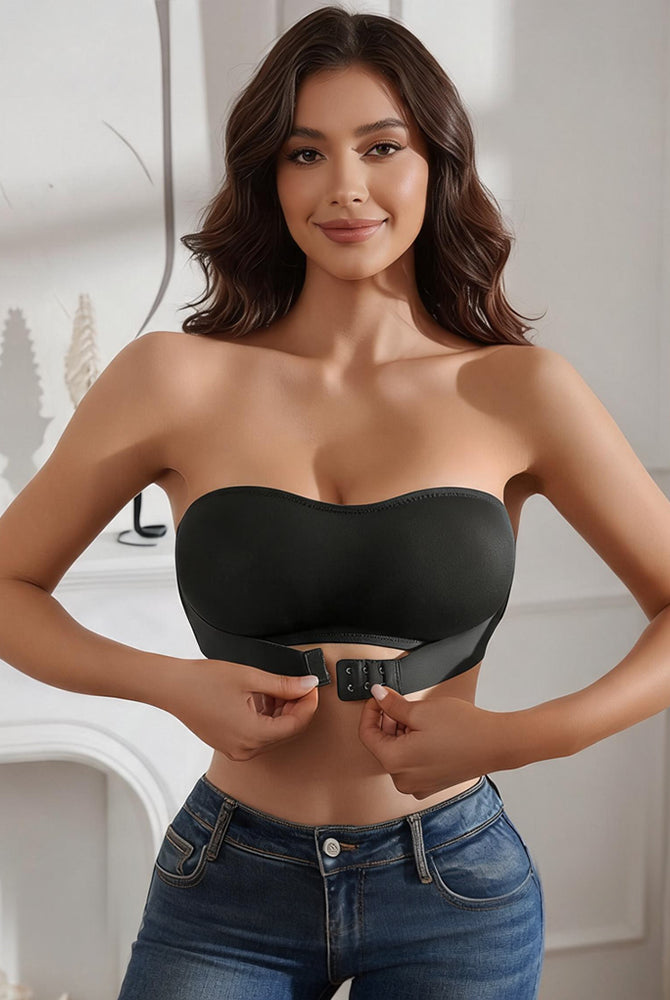 Black strapless bandeau top with front buckle closure