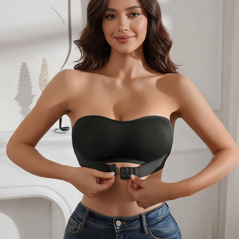 Black strapless bandeau top with front buckle closure