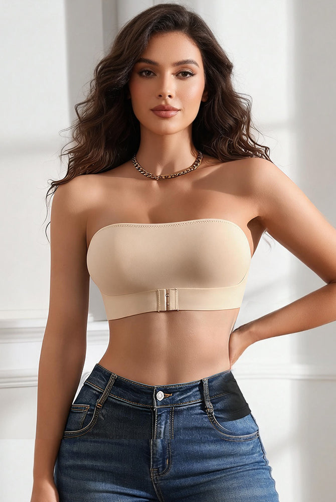 Skin-tone strapless bandeau top with front buckle closure