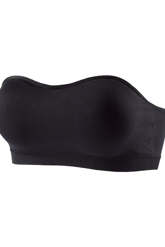 Strapless bandeau bra, black smooth side view with wide ribbed underband