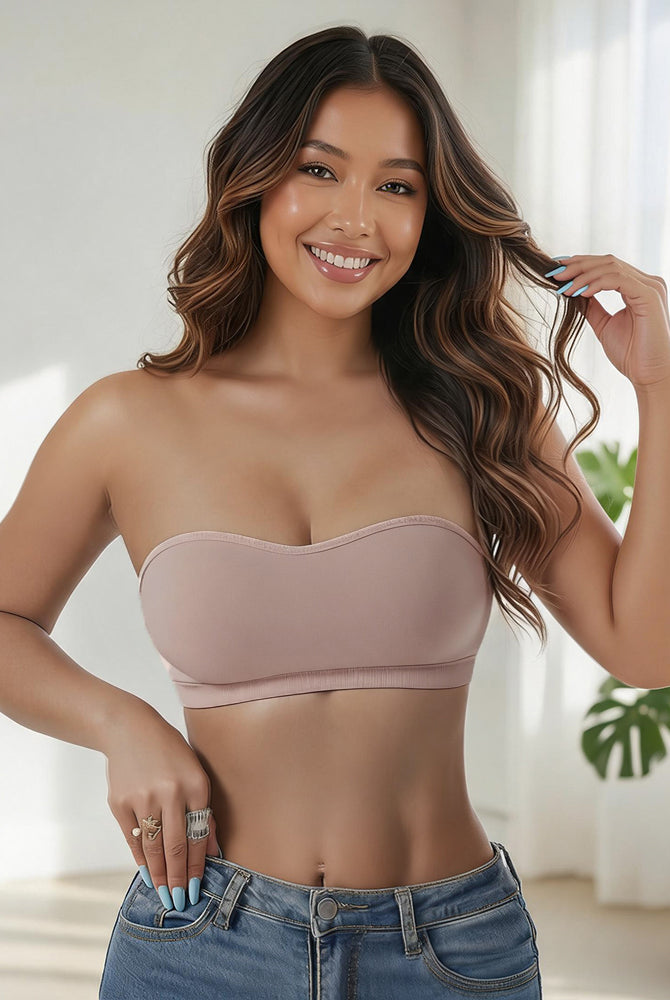 Strapless side hook bandeau bra, taupe seamless padded tube style